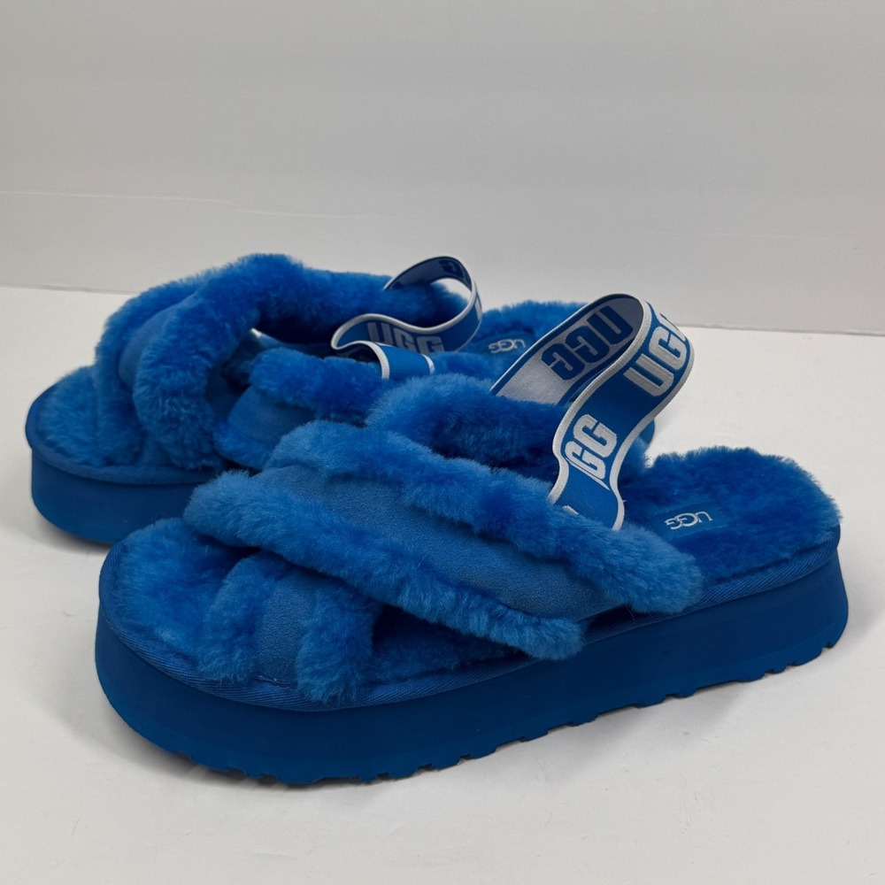 UGG Disco Cross Slide Platform Sheepskin Blue Casual Comfort Slipper Size 11 - Picture 2 of 6